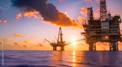 Large Offshore oil rig drilling platform at sunset and beautiful sky photo