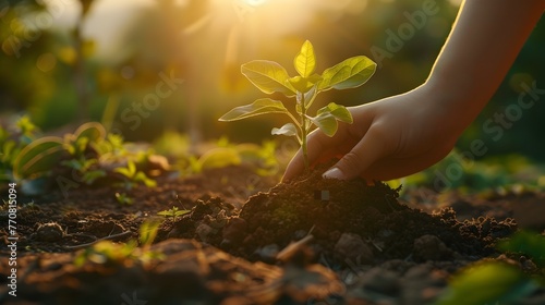 Hands Planting a Tree During the Golden Hour of Reforestation Offering Hope and for a Greener Future