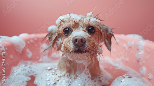 A small, wet dog gazes forlornly, its fur covered in soap suds against a pink backdrop