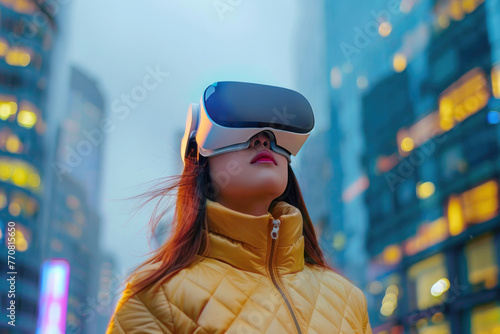 Young woman wearing VR on urban modern city, Generative Ai