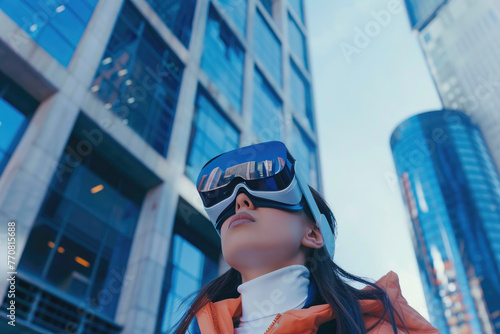 Young woman wearing VR on urban modern city, Generative Ai