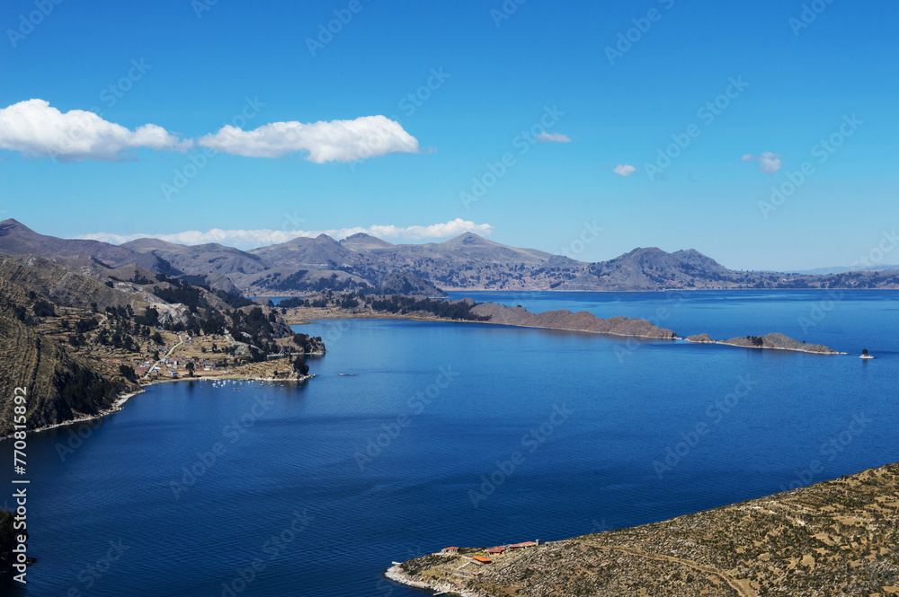 Landscape composed of islands and mountains on Lake Titicaca in Bolivia