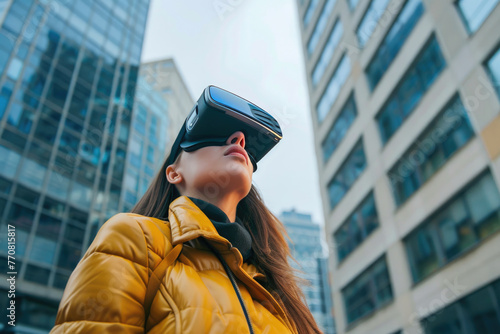 Young woman wearing VR on urban modern city, Generative Ai