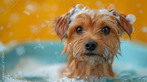 Detailed shot of a soaked little dog in a turquoise-colored bathtub, capturing the dog's sad expression