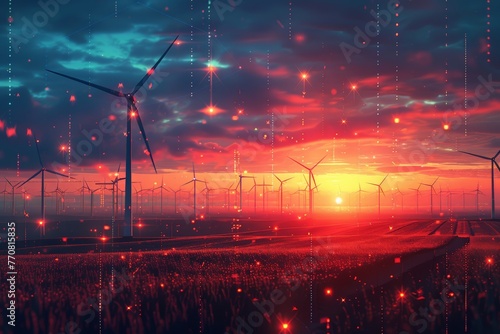 Behind-the-scenes look at AI technology used to optimize wind farm efficiency, Turbines pierce the twilight horizon, with data points and streams indicating networked field harnessing wind's power.