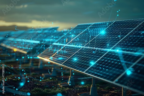 AI algorithm in action, monitoring solar panels on a renewable energy grid, Solar panels sprawl under a dramatic sky, vibrant network lines connecting clean energy technology with the environment..