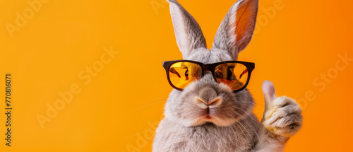 A humorous capture of a grey rabbit with trendy sunglasses on, making a thumbs up gesture against an orange backdrop photo