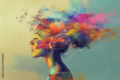 Mental health and mindfulness concept, colorful illustration of happy woman's head with paint splatter effect