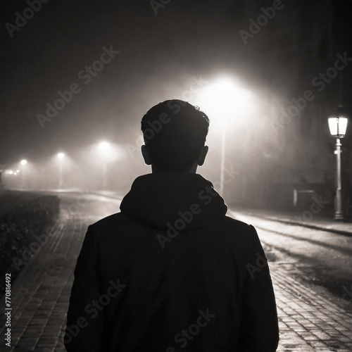 Homme de dos dans une rue dans la brume