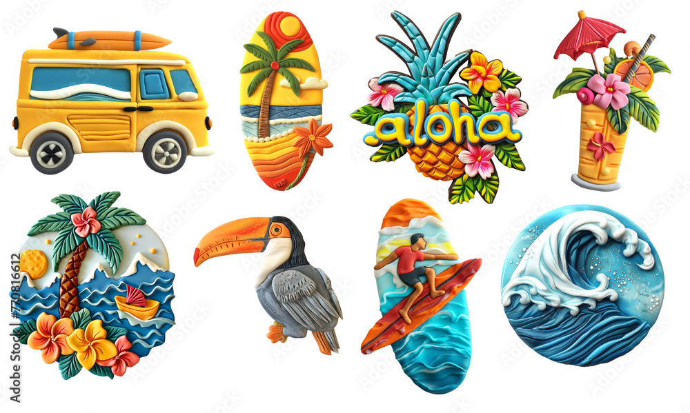 Fototapeta premium Refrigerator magnets decoration set. Surf, Beach, vacation, tropical life set