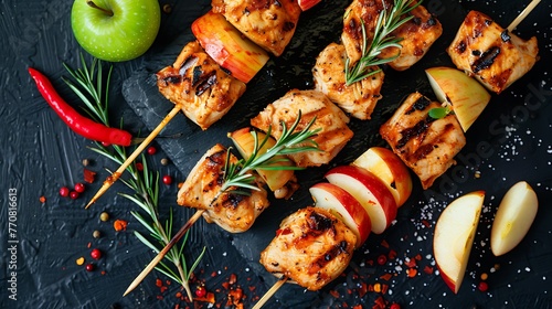 Chicken skewers with slices of apples and chili photo