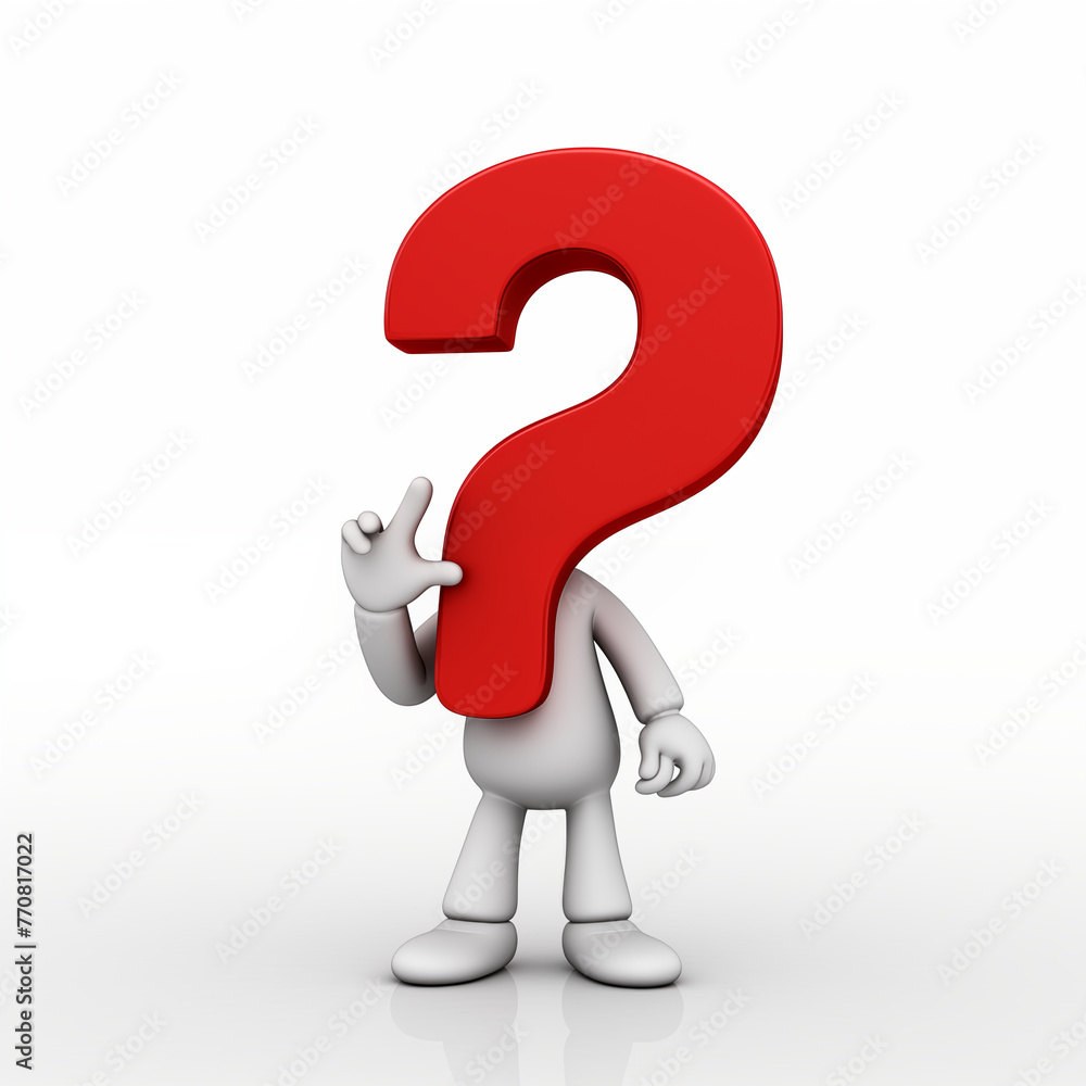 A simple 3D character stands in a thoughtful pose next to a big red question mark, on a white background. Questions, doubts, tasks, hesitations A simple 3D character stands in a thoughtful pose next to a big red question mark, on a white background. Questions, doubts, tasks, hesitations