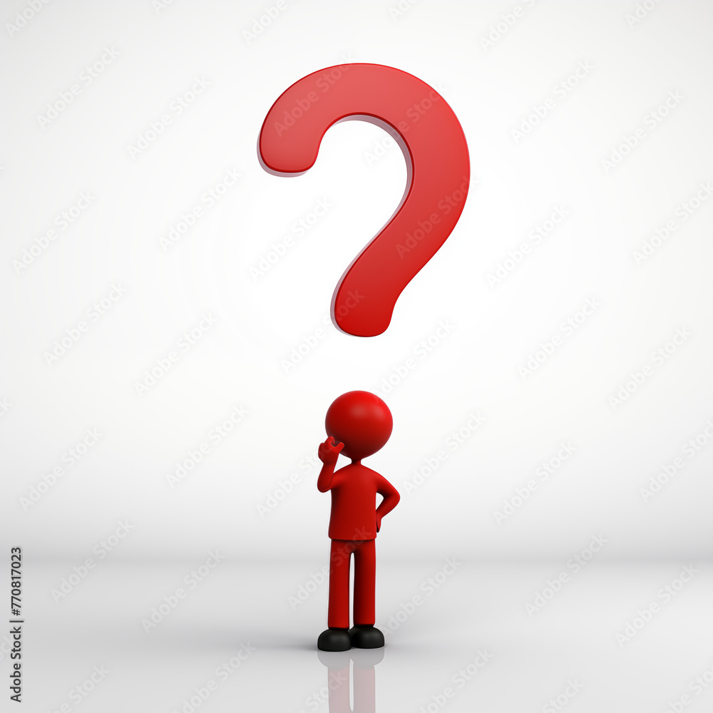 A simple 3D character stands in a thoughtful pose next to a big red question mark, on a white background. Questions, doubts, tasks, hesitations A simple 3D character stands in a thoughtful pose next to a big red question mark, on a white background. Questions, doubts, tasks, hesitations
