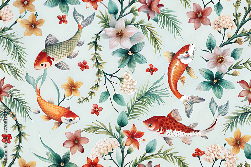 Obraz premium Japanese Inspired Seamless Vector Pattern: Floral Design with Koi Fish and Tropical Branches