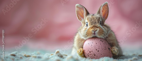 The photo captures a sweet rabbit gently clutching a pink Easter egg, symbolizing care and the Easter spirit