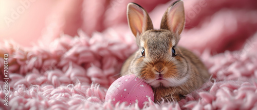 A charming rabbit nestles with a pink dotted Easter egg on a fluffy backdrop, embodying the joy and warmth of the holiday photo