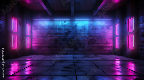 Modern Futuristic Sci Fi Concept Club Background Grunge Concrete Empty Dark Room With Neon Glowing Purple And Blue Pink Neon Lights 