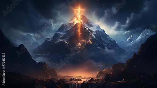 northen lights, dark orange, ultramarine bleu, with big mountains infront and black trees in the front, realistic, jesus cross on the mountain in light, trending on artstation, sharp focus