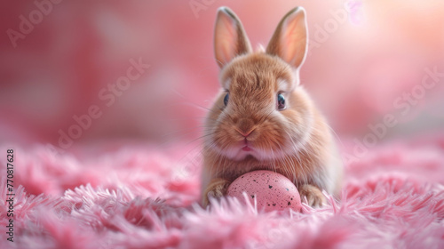A playful bunny sits cozily on a plush pink surface, clutching an Easter egg, inviting a sense of delight and wonder photo