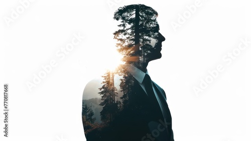 Outline of a Businessman in a Suit in a Double Exposure of a natural landscape