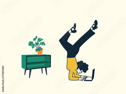 Young Gymnast Business Woman Stretching And Working On Computer or plant on the shelf, Female character choosing between health  and career  work from home vs rest illustration