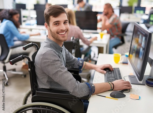Disabled person in the wheelchair works in the office at the computer. He is smiling and passionate about the workflow.