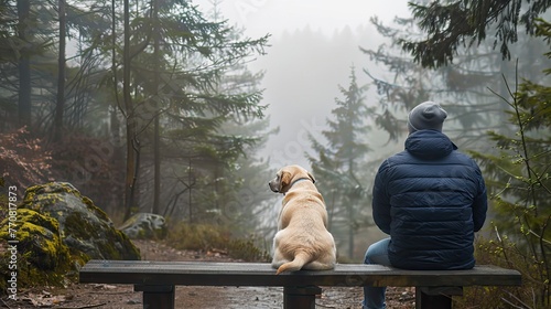 a man sits on a bench with his yellow Labrador retriever on a foggy day, gazing at a forest landscape from a mountain path, in blue jackets, offering a serene perspective.