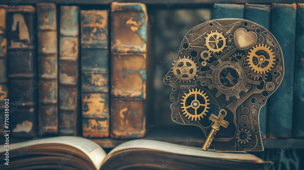 A conceptual human head silhouette with gears inside, placed beside an open book, against a backdrop of vintage books.