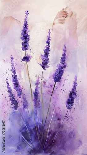 Watercolor lavender sprigs rise elegantly against a soft  washed purple and pink background.