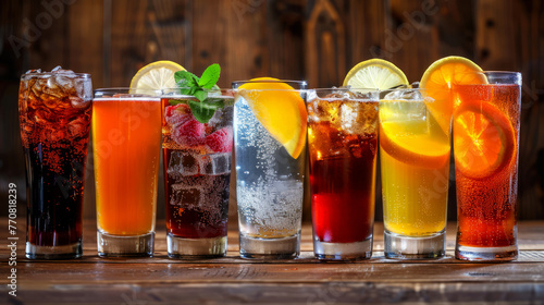 Assortment of colorful drinks lined up on wooden bar, ideal for festive occasions