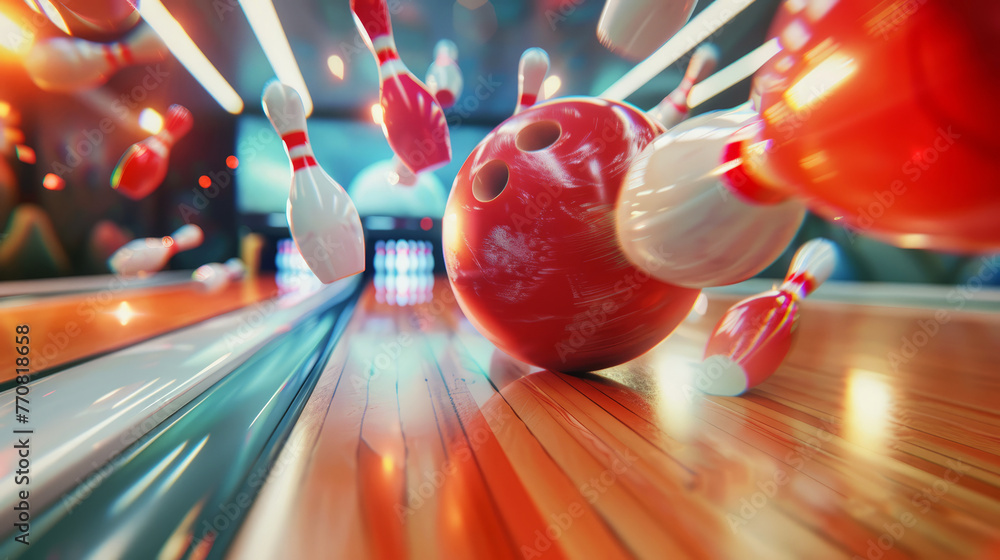 Energetic strike in a bowling game with ball hitting pins and sparks flying - obrazy, fototapety, plakaty 