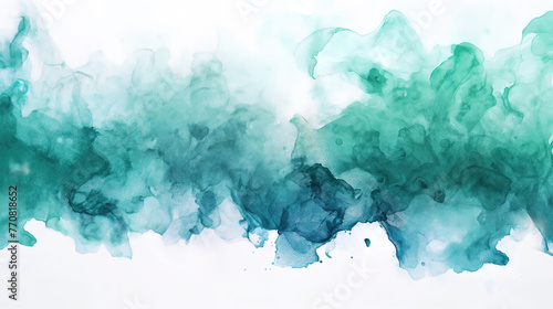Abstract watercolor background with teal green colored smoke clouds. Minimalist design, banner concept for a web poster, business presentation or social media post template