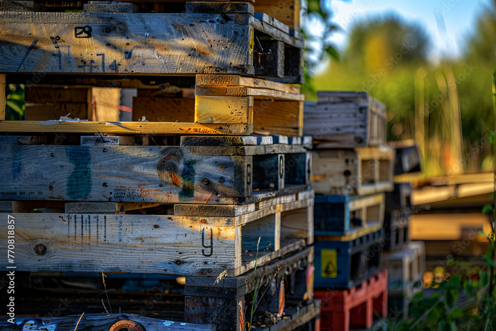 Stacked wooden pallets in an outdoor urban setting with autumn leaves scattered on the ground Stacked wooden pallets in an outdoor urban setting with autumn leaves scattered on the ground
