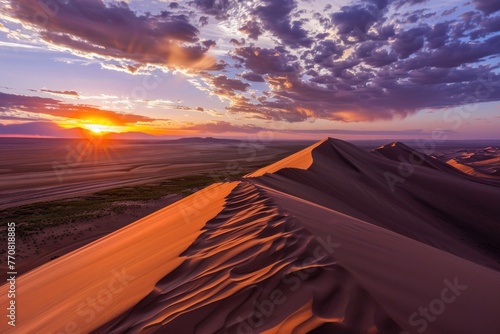 Sky Landscape. Sunset View of Gobi Desert Sand Dunes in Orange Color