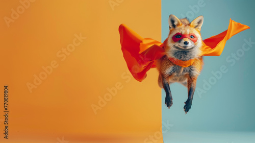 A clever fox with a superhero costume against a colorful split background mid-flight