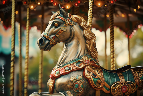 Carousel horse at the amusement park in the night made with generative AI