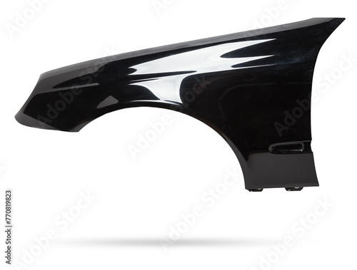 Black metallic fender on a white isolated background in a photo studio for sale or replacement in a car service. Mudguard on auto-parsing for repair or a device to protect the body from dirt.