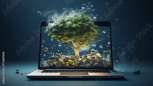 Showcasing environmental social governance ESG on an eco-friendly laptop with businesses taking steps to protect the environment for a clean and sustainable future ecosystem