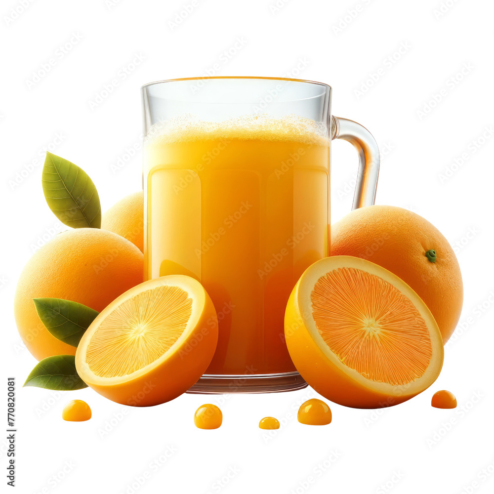 A glass of orange juice is poured into a glass with a slice of orange on top, catering , italy food, industry ,3D render, isolated on a transparent background A glass of orange juice is poured into a glass with a slice of orange on top, catering , italy food, industry ,3D render, isolated on a transparent background