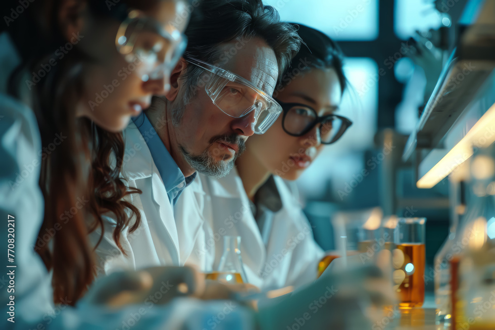 Diverse Team of Scientists Working Intently on Research in a Laboratory.