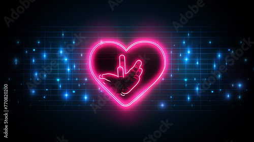 Social responsibility line icon. Neon laser lights. Hand with heart sign. Charity symbol. Glow laser speech bubble. Neon lights chat bubble. Banner badge with social responsibility icon. Vector