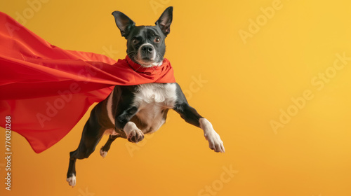 A charming black and white dog with a bright red cape ready to take on the superhero persona