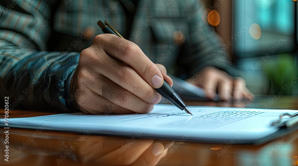 a businessman writing on paper with a pen, showcasing a close-up shot of his hand in action, with emphasis on his fingers gripping the pen and ample copy space within the frame for text a businessman writing on paper with a pen, showcasing a close-up shot of his hand in action, with emphasis on his fingers gripping the pen and ample copy space within the frame for text