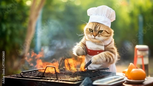 Funny cat chef cooking a barbeque at grill photo