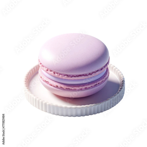A puple macaron is sitting on a white plate, catering , italy food, industry ,3D render, isolated on a transparent background