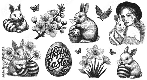 happy easter set concept template design with bunny eggs flowers butterfly isolated on white background hand drawn line art sketch element for trendy card poster banner