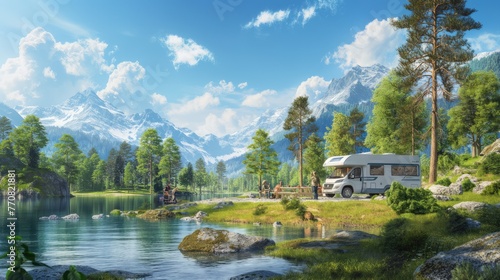 spring camping bliss with a cozy scene of a camping car parked on a lush green grassland, where friends gather around a barbecue table, savoring meat as they bask under the clear blue sky.