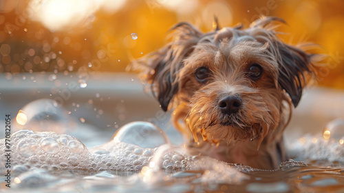 A cute small dog with expressive eyes surrounded by shimmering bath bubbles captures the joy of grooming
