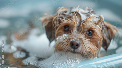 A small puppy sits soaked in a light blue bathtub, water droplets and foam clinging to its fur giving a look of surprise and delight