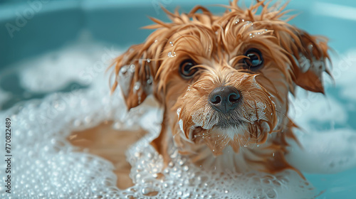 A cute, brown, small dog covered in soap bubbles while sitting in a water-filled tub, looking directly with expressive eyes